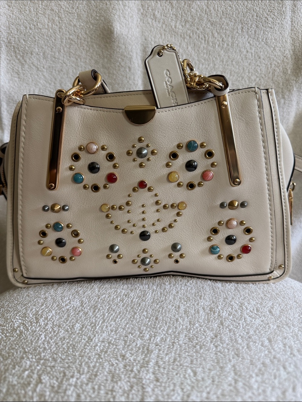 Coach Cream Leather Satchel with Multicolor Cabochon Studs